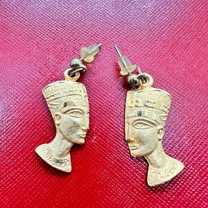 Vintage Egyptian Revival Queen Nefertiti Gold & Silver Tone Pierced Earrings